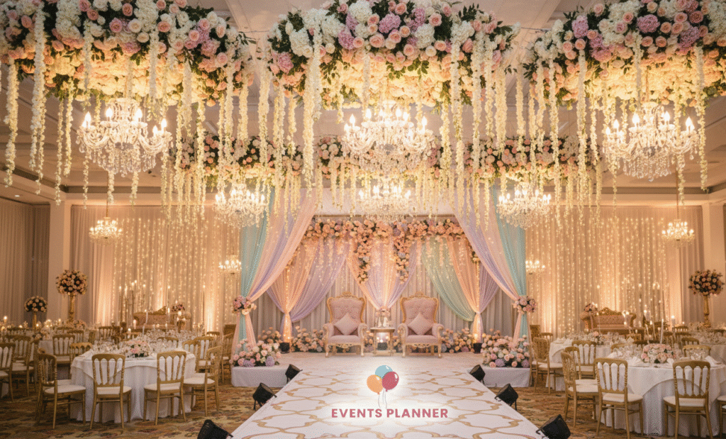 A grand Wedding venue in pakistan with hanging floral ceiling which Best Trends For Weddings