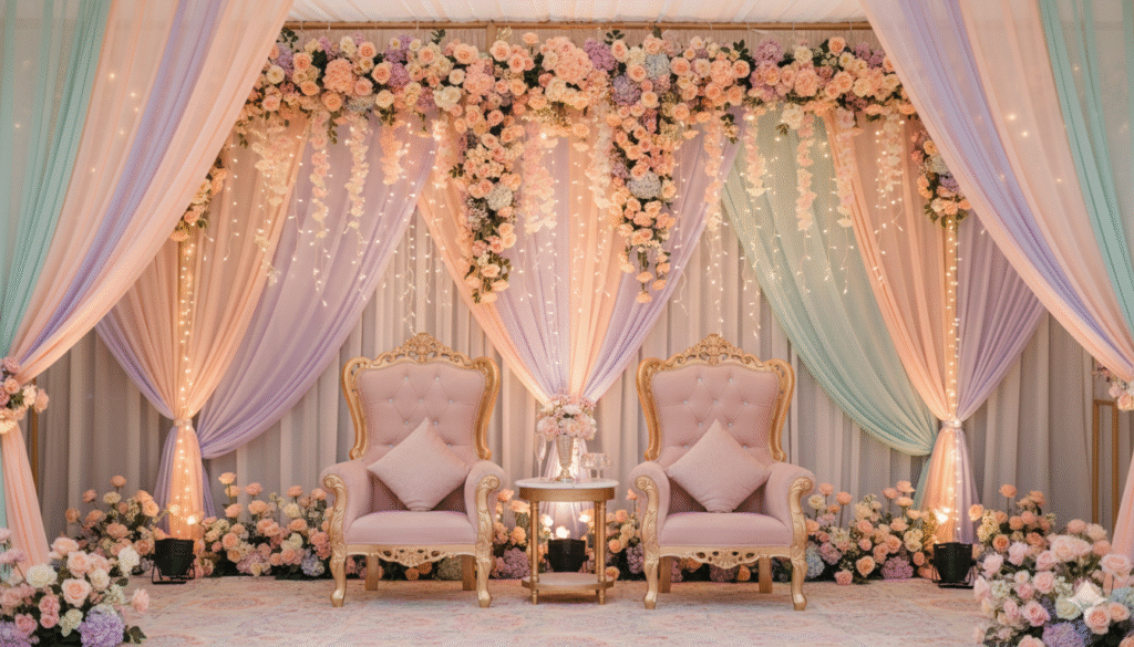 Best Trends For Weddings stage decorated with pastel colors such as peach, lavender,nint and baby pink.
