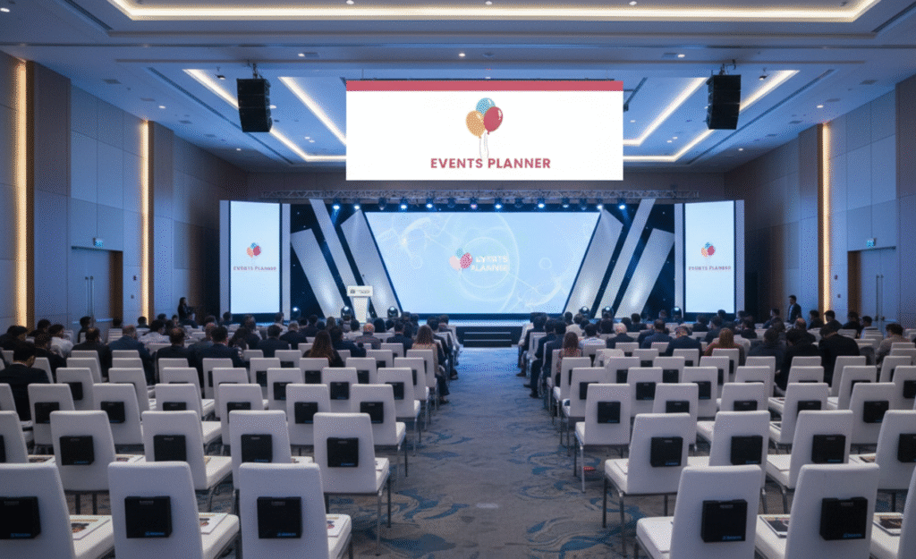 Best Event Planner Service in Islamabad where a luxury event setup in Islamabad with elegant stage Decoration with soft warm lighting.