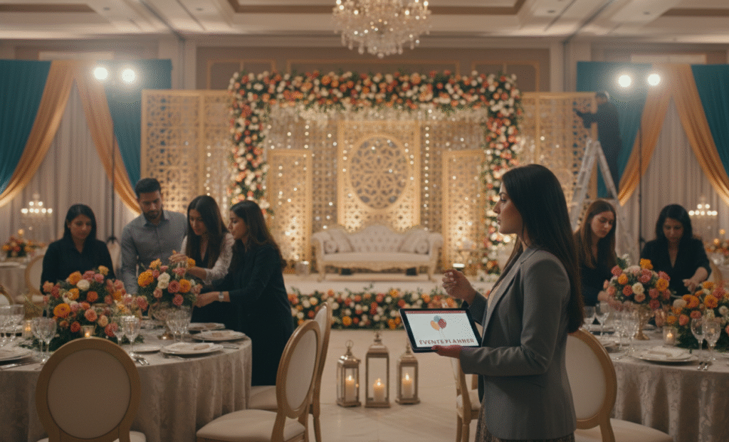 Profesional Event Planner where arealistic scene of an event planning teamset up a wedding