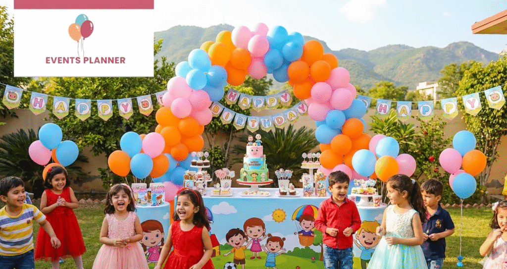 Best Birthday Decoration in Islamabad, with a colorful kids birthday party decoration in Islamabad with ballons and cartoons set up
