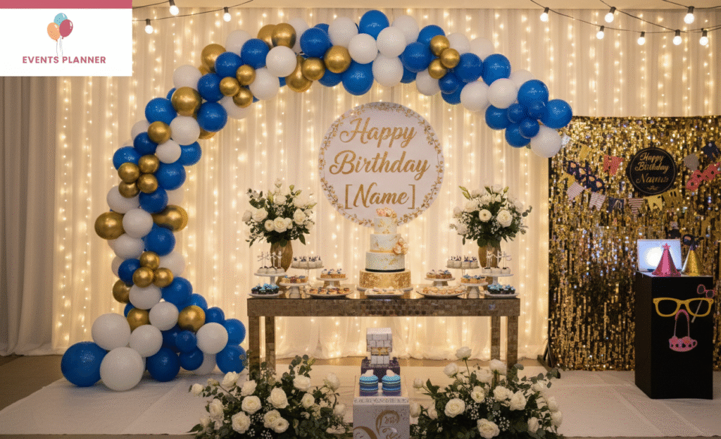 Best Birthday Decoration in Islamabad with balloons, banners, and cake table setup.