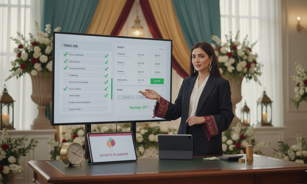 Professional Events Planner where an event planning team setting up a wedding