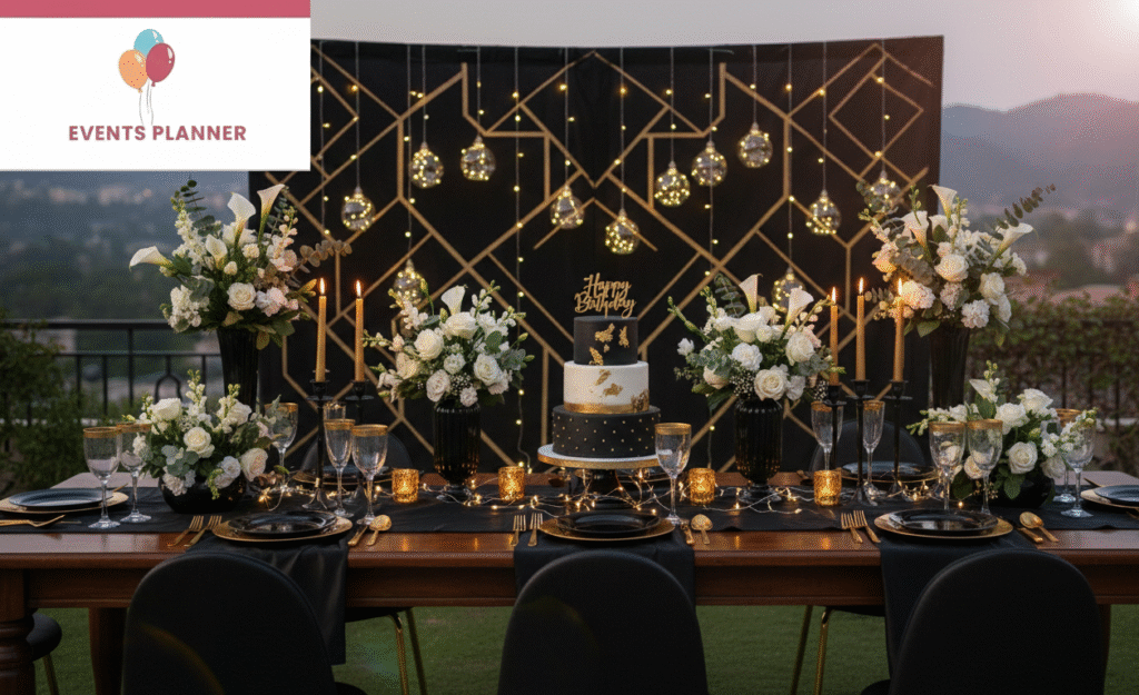 Best Birthday Decoration in Islamabad with block and gold decor and floral arrangements